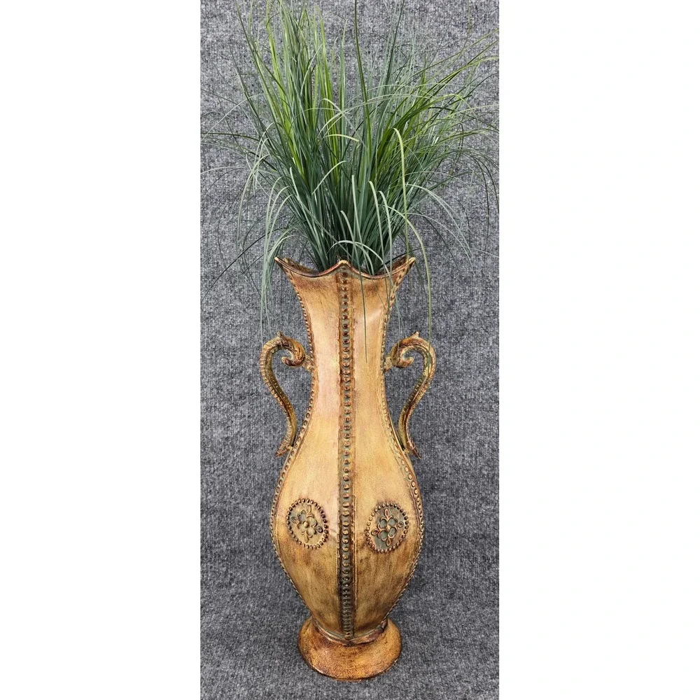 Floor Vase Large Distressed Metal Amphora with Faux Grass 22